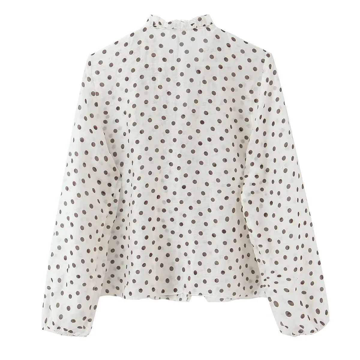2026 Spring New Women Elegant Loose V Neck Wave Trim Polka Dot Blouse Thin Long Sleeve Top