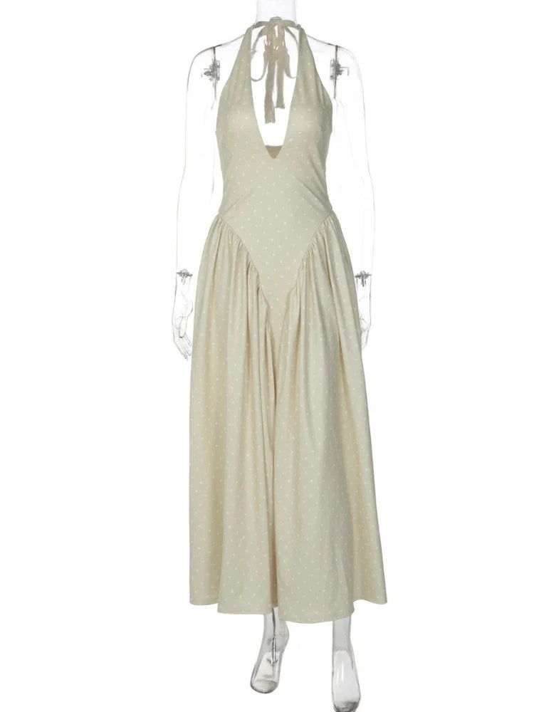 FDYOUI Chic Halter Polka Dot Vacation Dresses for Woman 2026 Summer Lace-up Backless High Waist Tunics Ruched A-line Party Dress