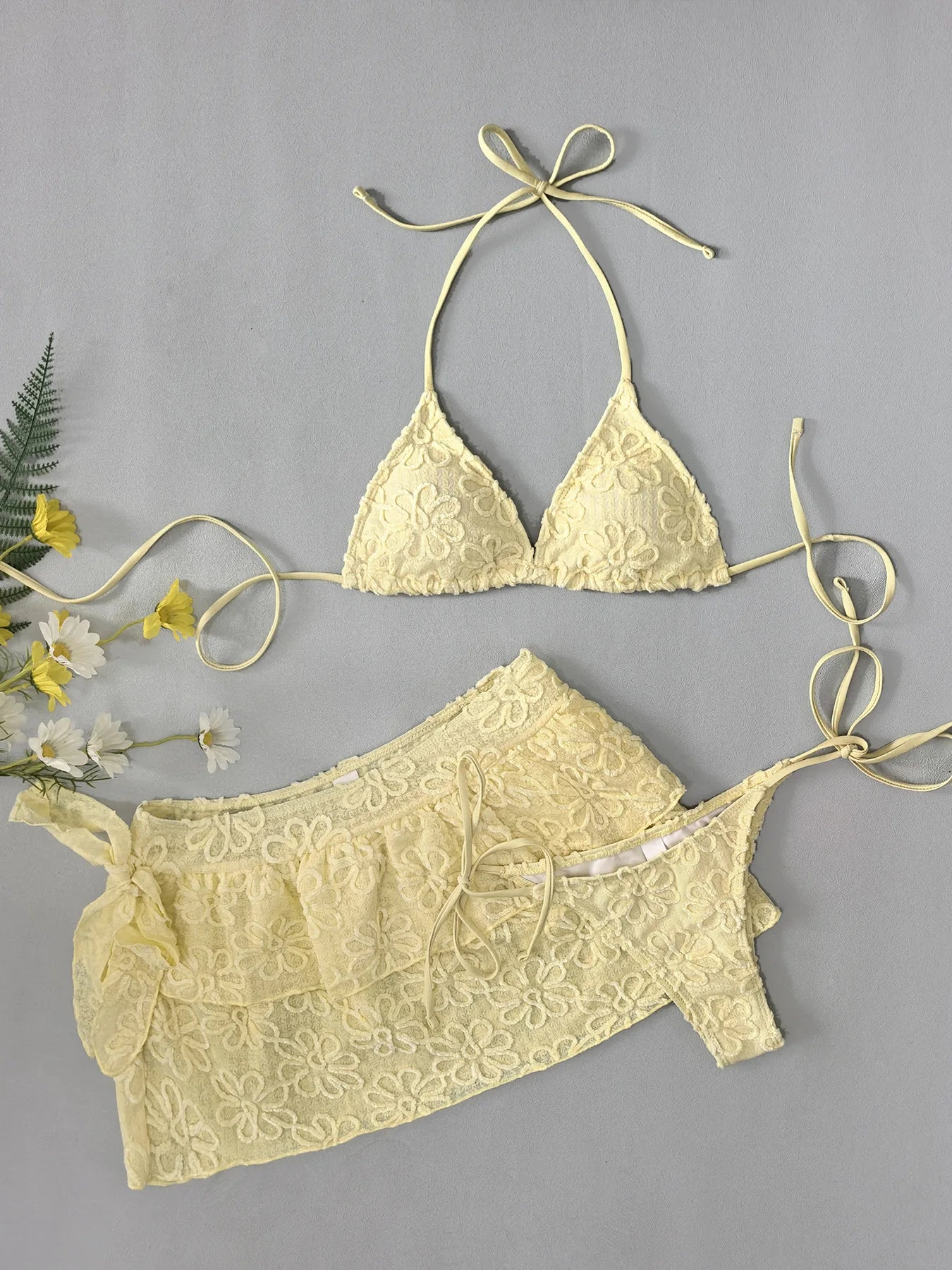 Women Yellow Flower Bikini Sets Three Pieces with Ruffles Mini Skirt Halter String Swimsuit Bathing Suit Beach Outfits Biquini