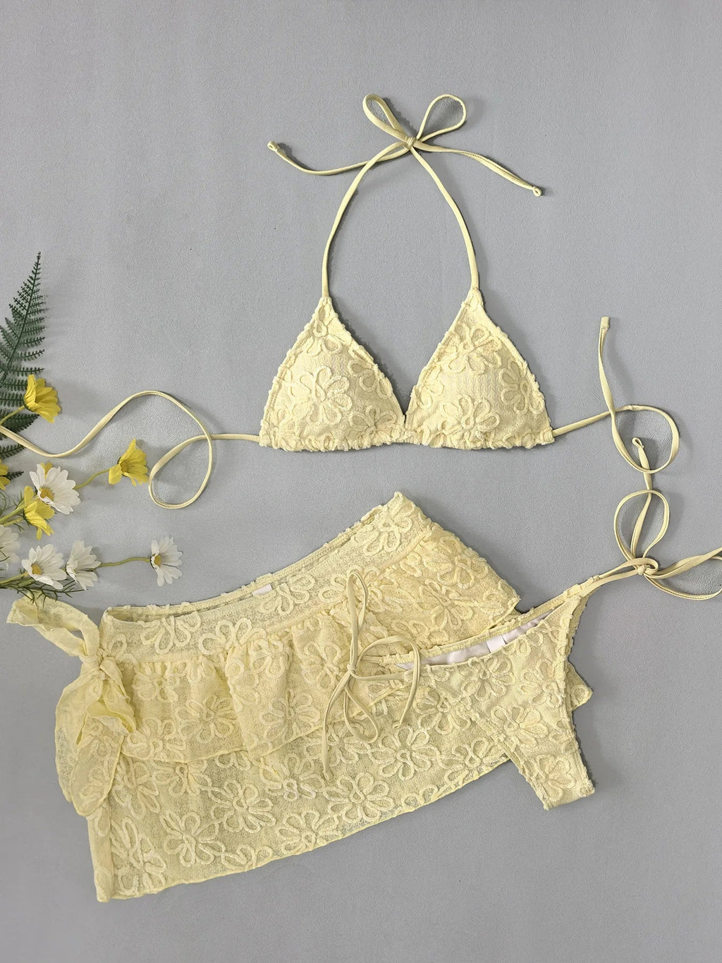 Women Yellow Flower Bikini Sets Three Pieces with Ruffles Mini Skirt Halter String Swimsuit Bathing Suit Beach Outfits Biquini