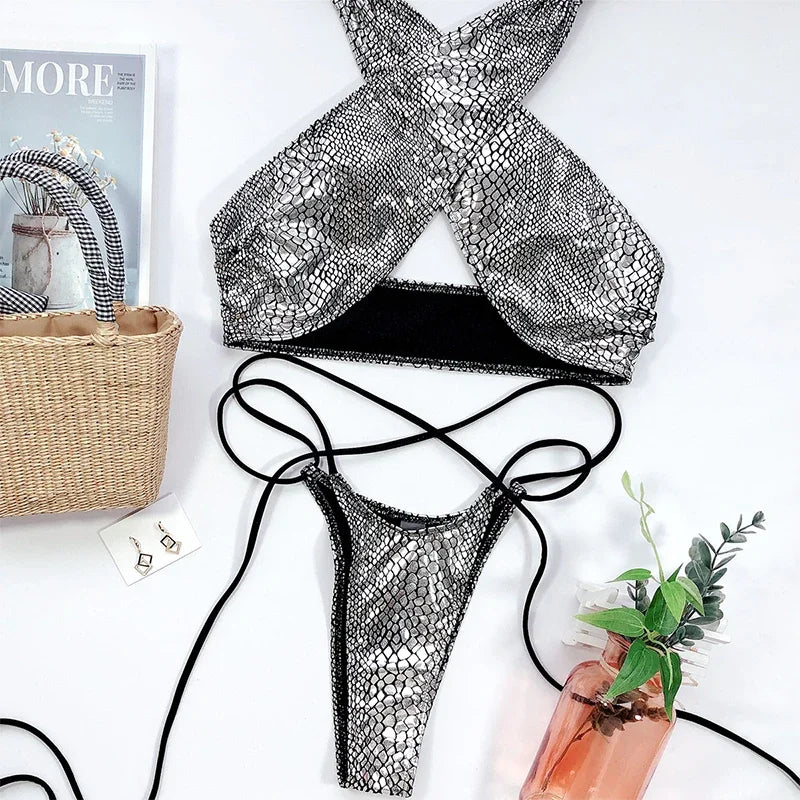 Snake Skin Mini Micro Thong Bikini Women Swimwear Female Swimsuit Two Pieces Bikini Set Halter Wrap Around Bathing Suit Swim
