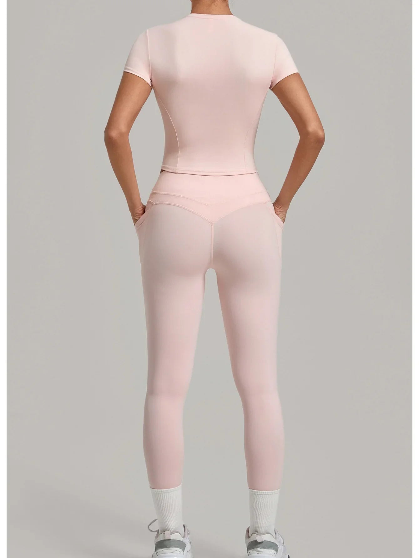 Women Tracksuit Yoga Sets Short Sleeve Slim Sports T Shirts Workout Clothes Outdoor Tight High Waist Pocket Pants Fitness Suits