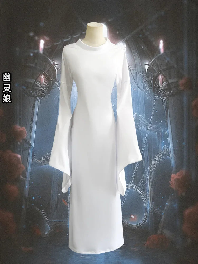Sexy Ghost Costume for Women, White Gothic Dress, Ghost Cosplay Outfit, Halloween Party Dress, Elegant Scary Boo Lady Costume