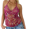 Women's Halter Neck Vest Summer Sleeveless Open Back Slim Fit Tie Up Sequins Tank Tops