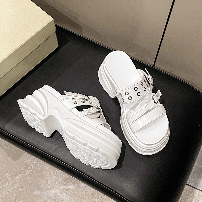 Summer Silver Chunky Platform Sandals Women Fashion Buckle Thick Bottom Slippers Woman Punk Wedges High Heels Sandalias Mujer