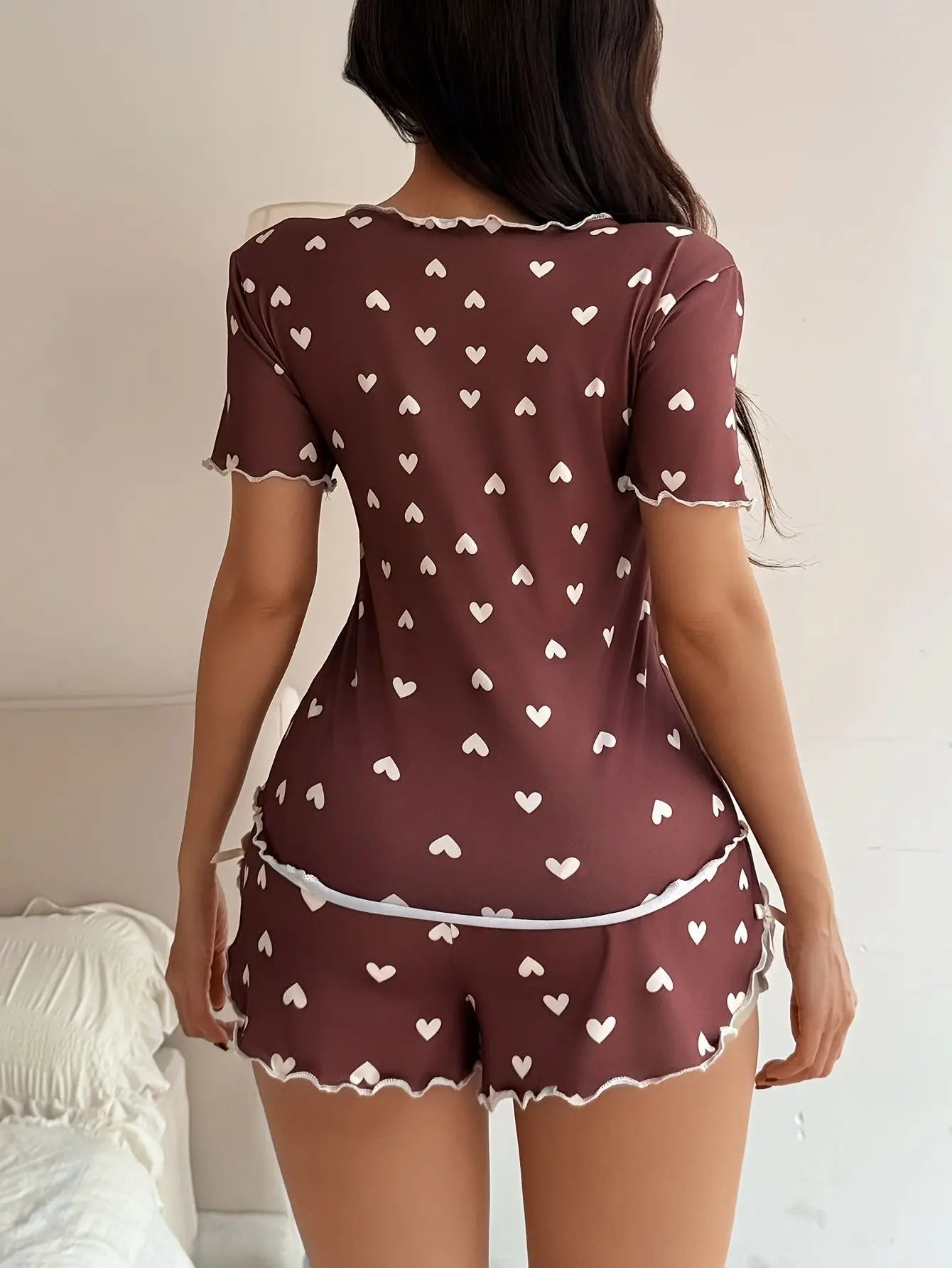Women's Sleepwear Pajama Set Top and Shorts 2-piece Pajama Set Love Printed Lapel Bow Women's Loungewear