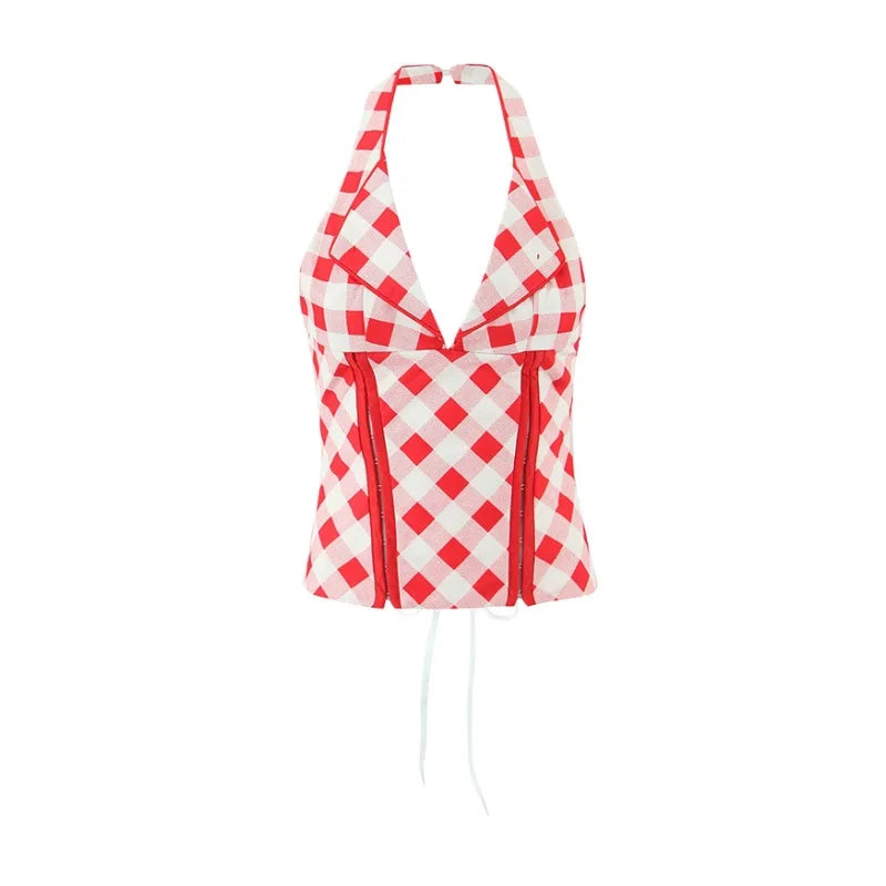Spring And Summer New Style Sweet Red Plaid Unique Back Drawstring Top Halter Neck V-neck Sexy Slim-fit Tank Top Casual UH75