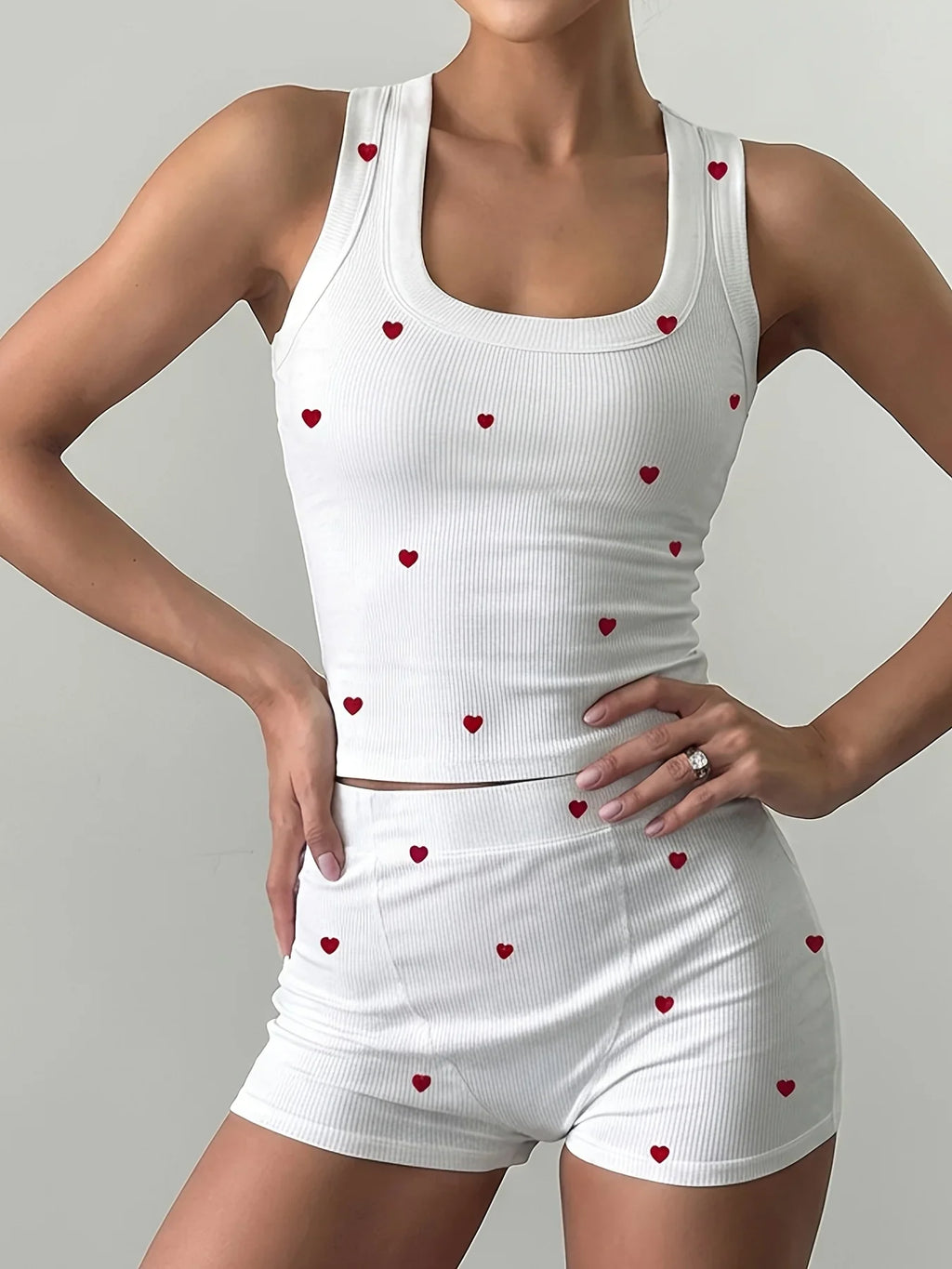 2 Piece Pajamas Set Heart Print Crop Tops and Shorts Loungewear Set Summer Sleepwear Women Home Clothes