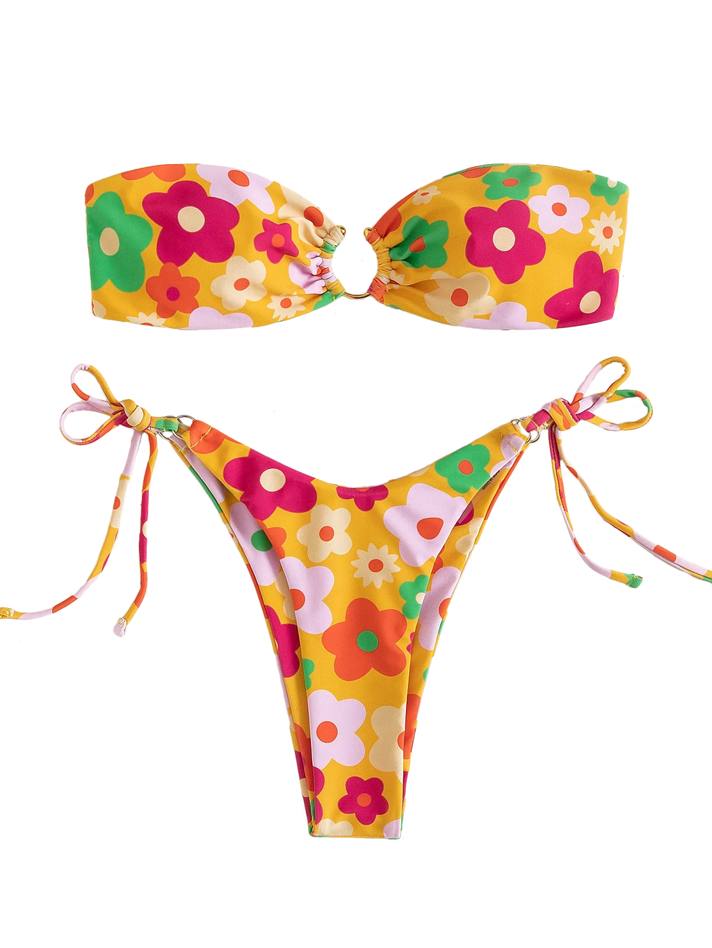 Sexy Bandeau Bikini 2025 Women Pink Floral Print Ring Circle Push Up Micro Swimsuit Off Shoulder Bathing Suit Thong Swimwear