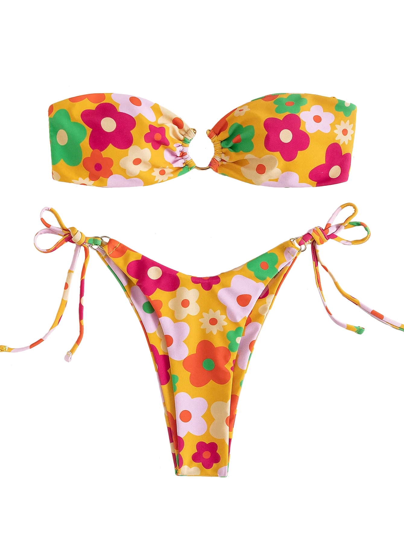 Sexy Bandeau Bikini 2025 Women Pink Floral Print Ring Circle Push Up Micro Swimsuit Off Shoulder Bathing Suit Thong Swimwear