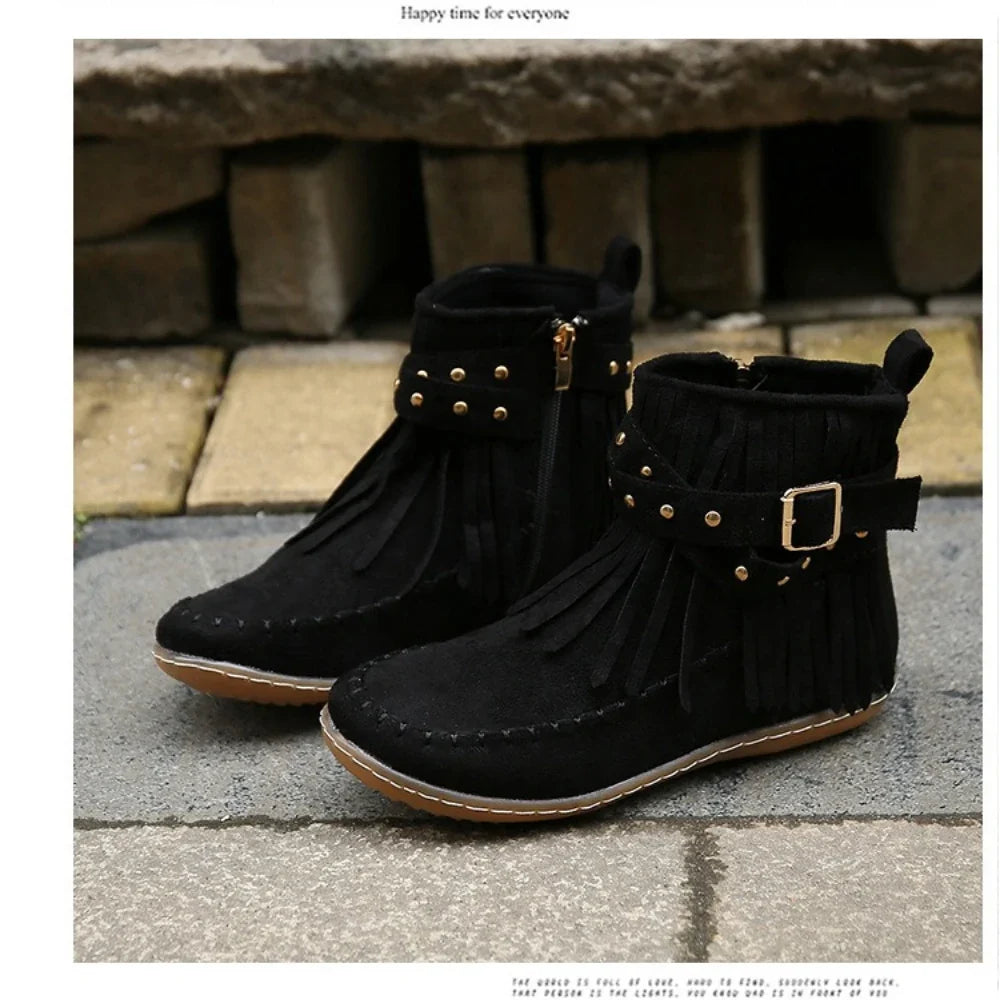 Vintage Women Boots Suede Ankle Boots Fringe Women Shoes Winter Boots Women Side Zipper Casual Shoes Ladies Snow Boot
