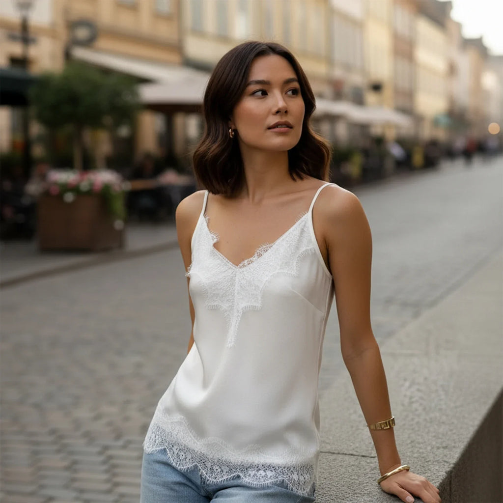 Fashion Summer Satin Tank Tops Women Solid Color Deep V Neck Sleeveless Adjustable Spaghetti Strap Lace Patchwork Vest