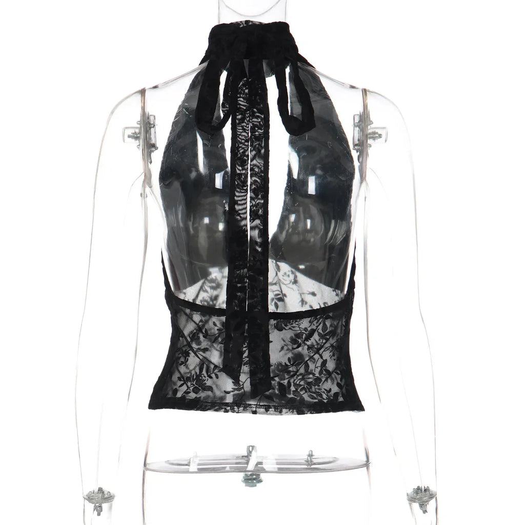 FDYOUI Woman Clothes Elegant Bandage Mesh Corset Tops 2026 Female Halter V-neck Lace-up Tank Top Black T-shirt Y2K Streetwear