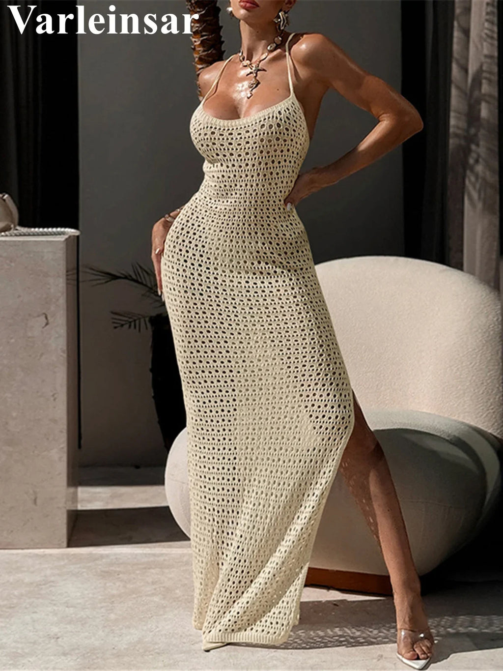 2026 Hollow Out Cross Back Crochet Knitted Tunic Beach Cover Up Cover-ups Beach Dress Beach Wear Beachwear Female Women V7505