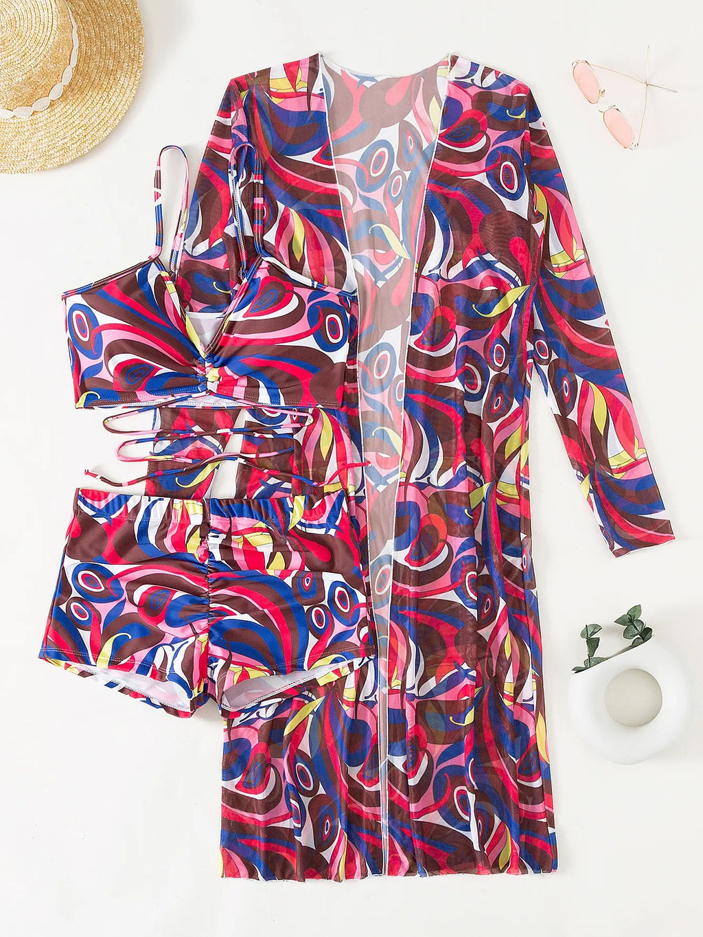 3 Pieces Sexy Print Bikini 2026 Women High Waist Swimsuit & Kimono Swimwear Female Lady Bathing Suit Swimming Summer Beachwear