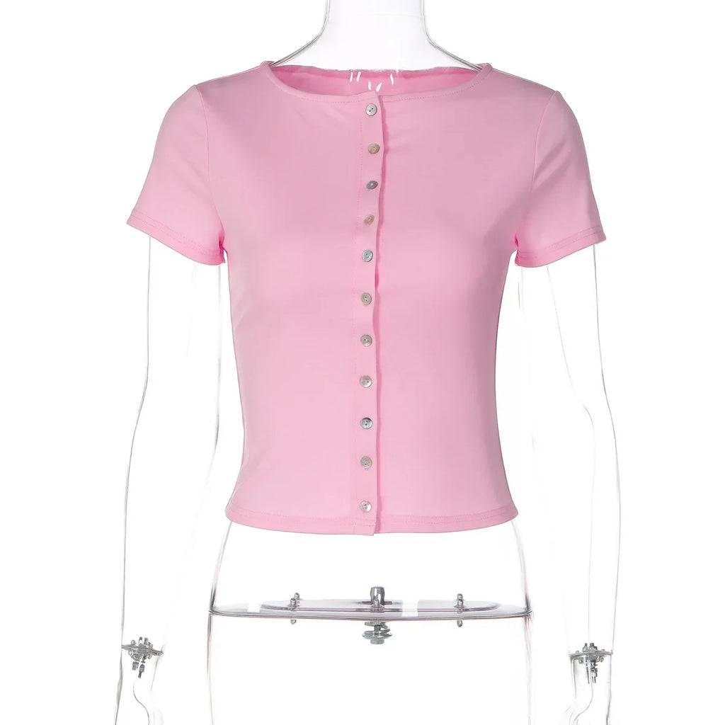 FDYOUI Pink T-shirts 2026 Summer Woman Clothes O-neck Single Breasted Cardigan Tops Female Short Sleeve Slim T Shirt Streetwear