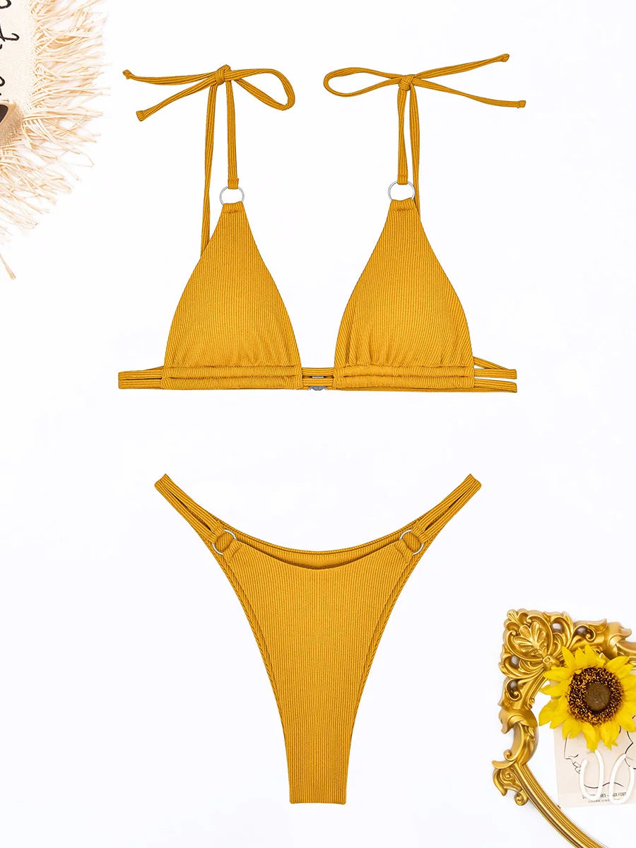 Ring Link Bikini 2025 Solid Sexy Swimsuit Women Padded Swimwear Female Bathers Bathing Swimming Swim Suit Beachwear