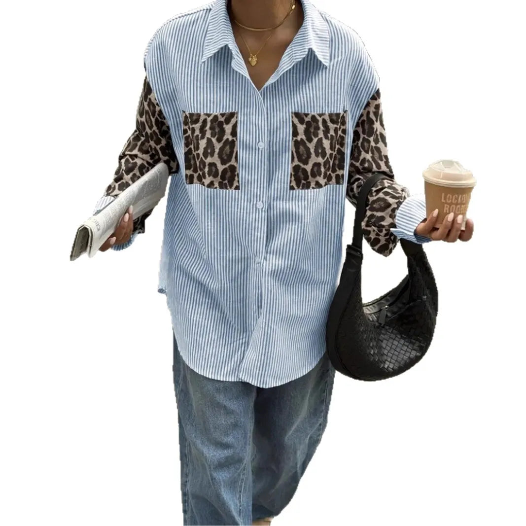 2026 New Women's Loose Casual Leopard Stripe Patchwork Long Sleeve Shirt with Pockets Turn Down Collar Blouse Top
