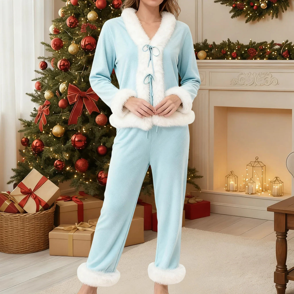 Womens Fall Winter  2 Pieces Pajamas Set Bow Tie Front Furry Trim V Neck Long Sleeve Tops and Pants Christmas Lounge Wear