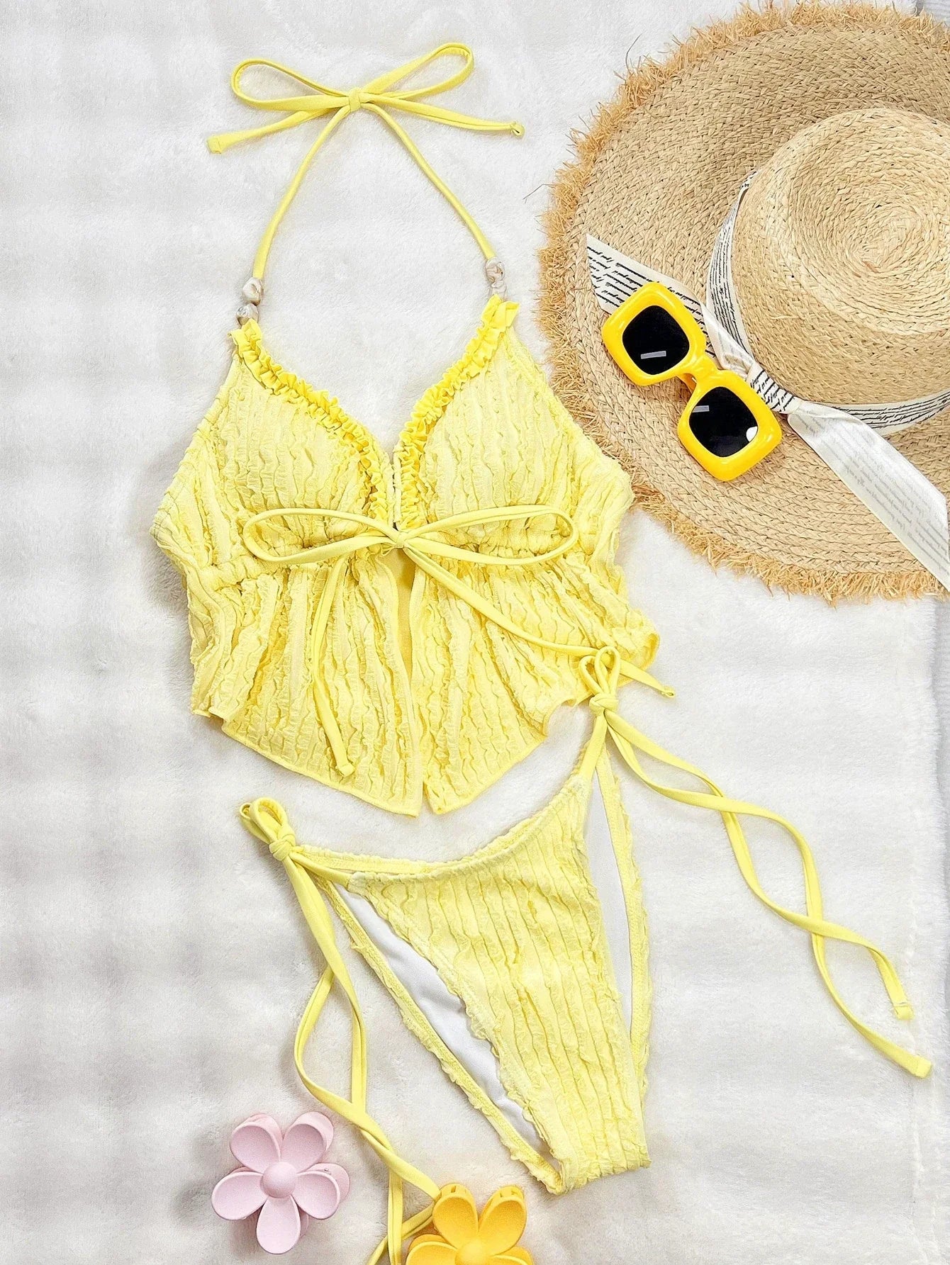 DEKA Yellow Triangle Vest Bikini Set Women String Halter Thong Sexy Swimsuit Heart Bead Swimwear Bathing Suit Lace up Bikinis