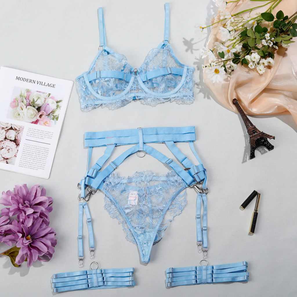 Sexy Lace Mesh Transparent Flower Embroidery Bikini Backless Deep V Suspenders Sleeveless Bikini Charming Elegant Thin Hot AVF7