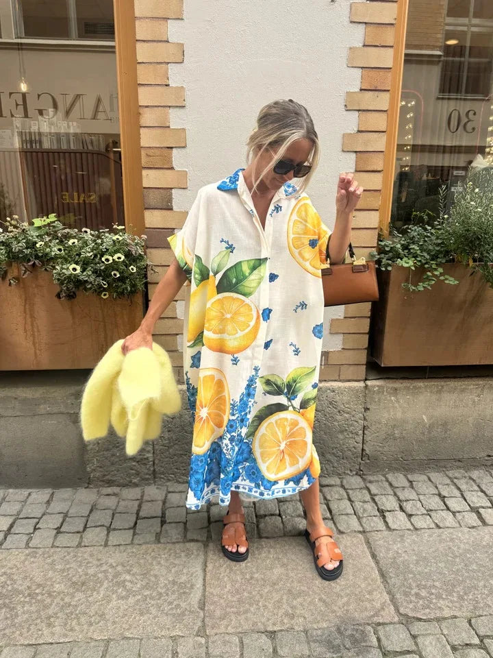 Lemon Print Shirt Dresses Women Fashion Short Sleeves Lapel Loose Single-breasted Shirts Long Dress Casual Lady Vacation Vestido