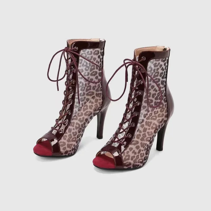 Sexy Leopard Pattern Mesh Thin Heel High Heel for Women Elegant Size 43 Breathable Sandals Lace Up Peep Toe Cool Boots