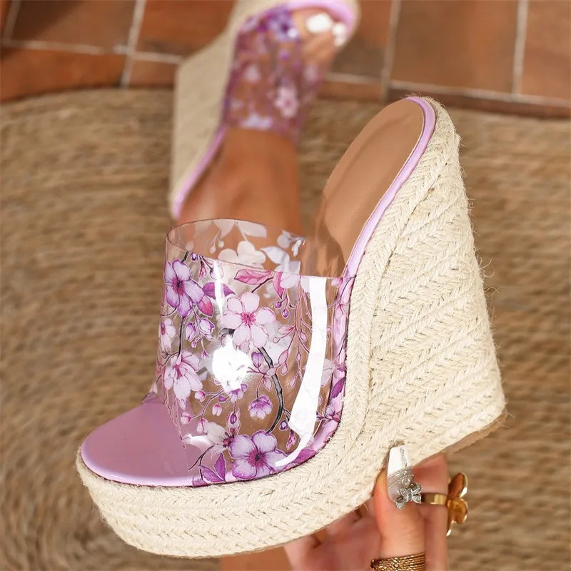 Flower PVC Transparent Open Toe Platform Wedges Women Slippers Fashion Twine Weave High Heels Banquet Slide Shoes