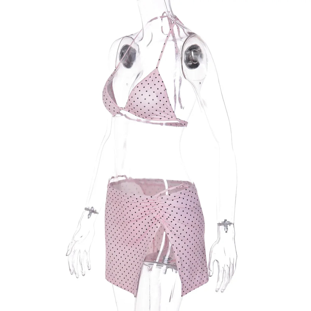 FDYOUI Women's Polka Dot Print Pink Swimsuit Lace-up Bras Panties Split Skirts 3 Pieces Bikinis Sets Bathing Suit Beach Swimwear
