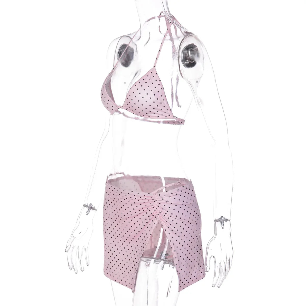 FDYOUI Women's Polka Dot Print Pink Swimsuit Lace-up Bras Panties Split Skirts 3 Pieces Bikinis Sets Bathing Suit Beach Swimwear