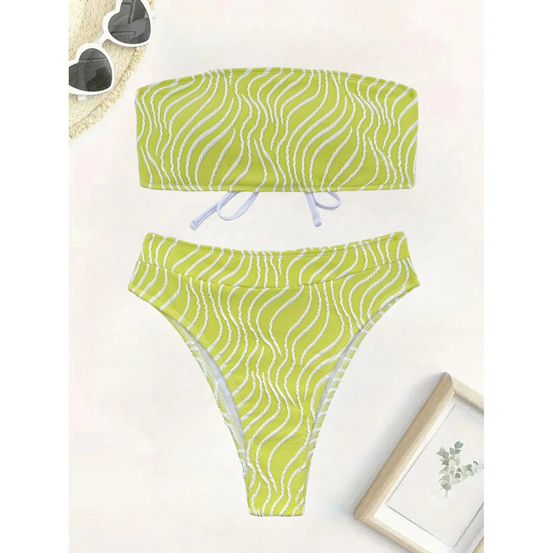 Sexy Wave Striped Bandeau High Waist Bikini Female Swimsuit Women Swimwear Two-Pieces Bikini Set Bather Bathing Suit Swim V5445