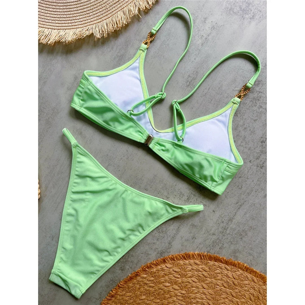 10 Colors V Neck Rhinestones Bikini Female Swimsuit Women Swimwear Two-pieces Bikini Set Padded Bather Bathing Suit Swim V8138
