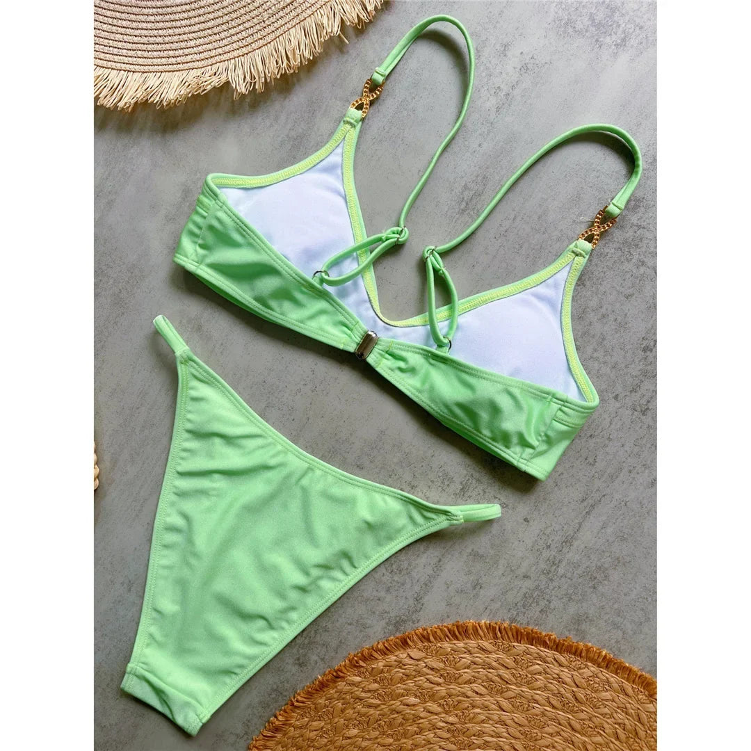 10 Colors V Neck Rhinestones Bikini Female Swimsuit Women Swimwear Two-pieces Bikini Set Padded Bather Bathing Suit Swim V8138