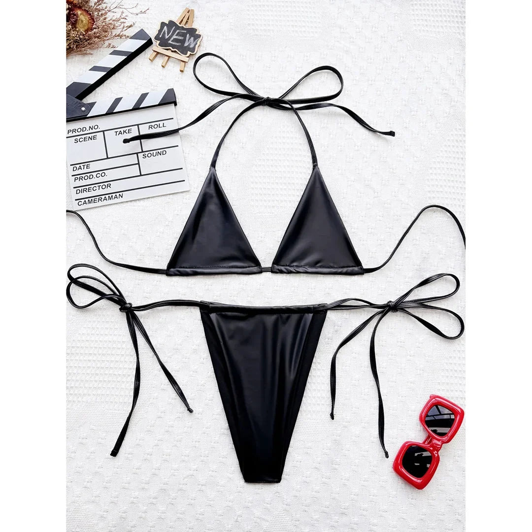 3 Colors New PU Faux Leather Halter Bikini Women Swimwear Female Swimsuit Bather Bathing Suit Swim Two-Pieces Bikini Set V6492B
