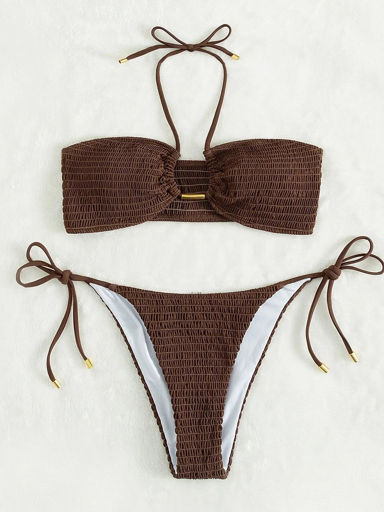 Halter Tie Side Pleated Smocked Bikini Women Bandeau Swimsuit Female Swimwear Two Pieces Bikini Set Bathing Suit Swim Beach Wear