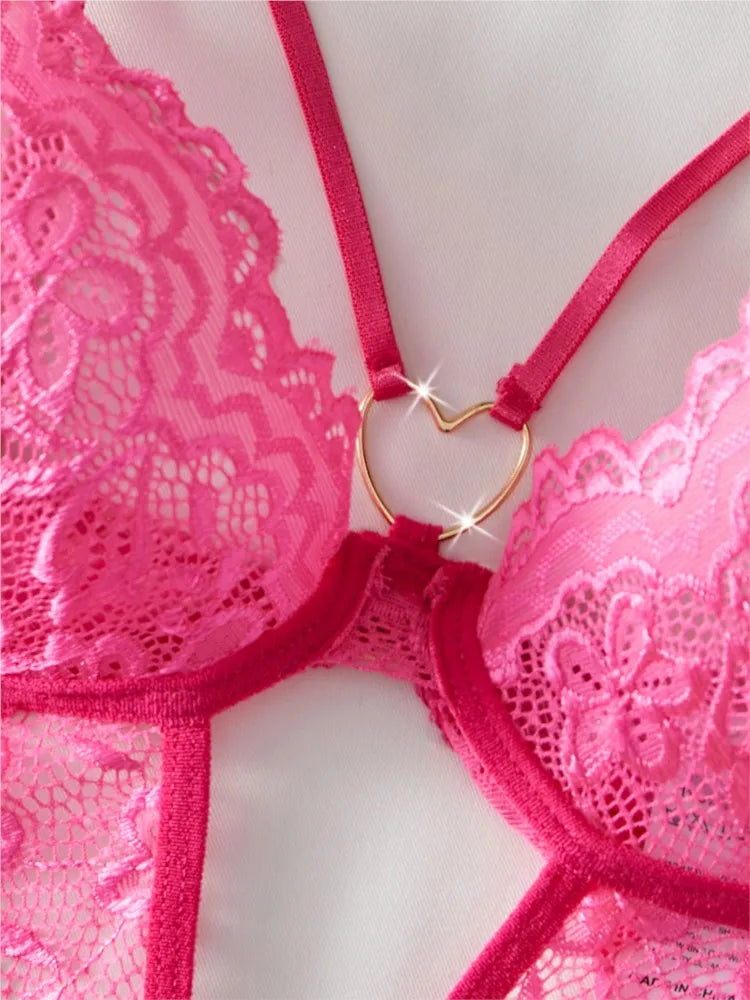 Women Lace Bodysuit Female Underwear Floral Embroidery Heart Shaped Ornament Design Bodycon