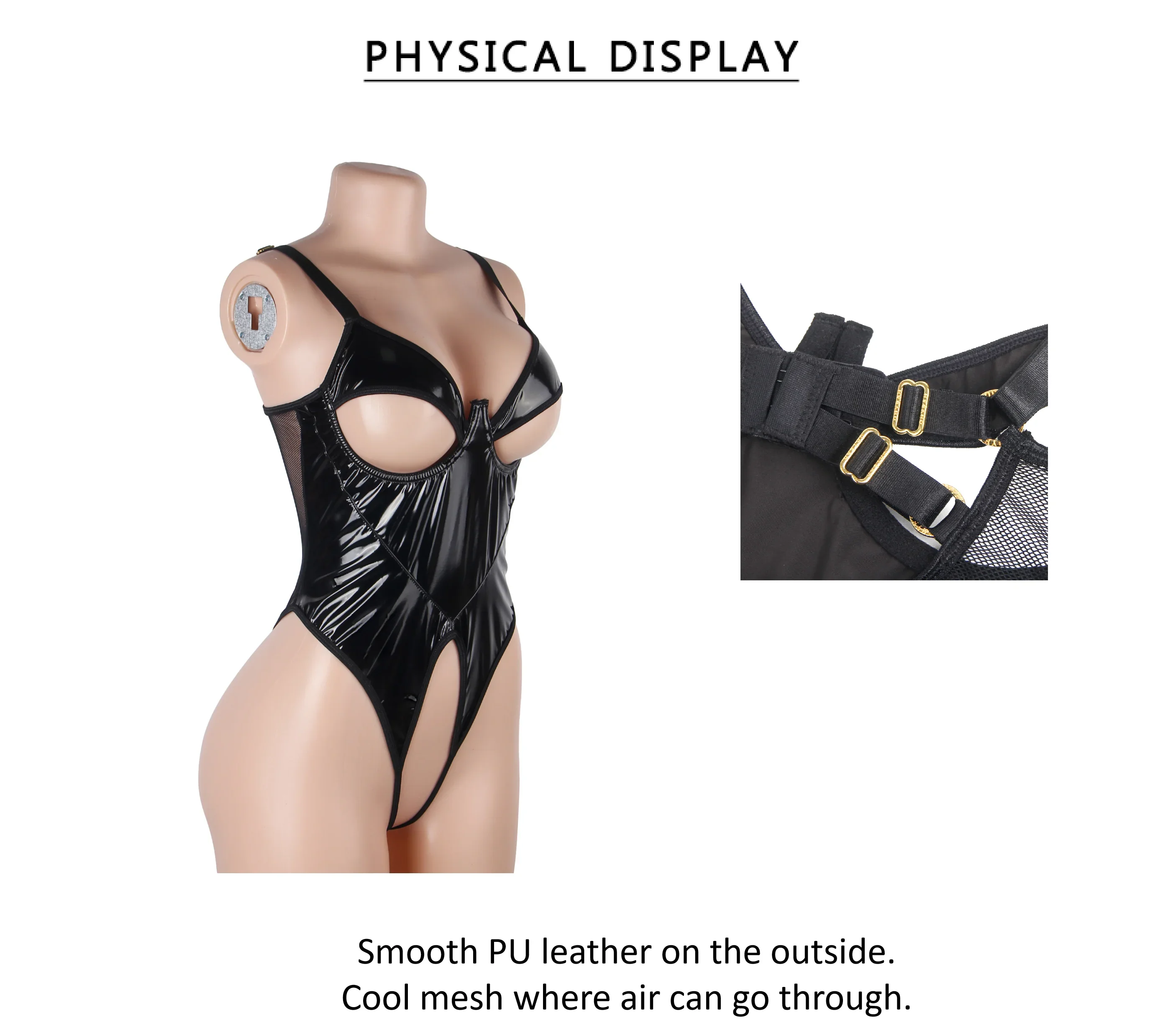 Black PU Leather Mesh Bodysuit for Women Hollow Out Open Crotch Teddy Lingerie Push Up One Piece Jumpsuit Underwear as Outerwear