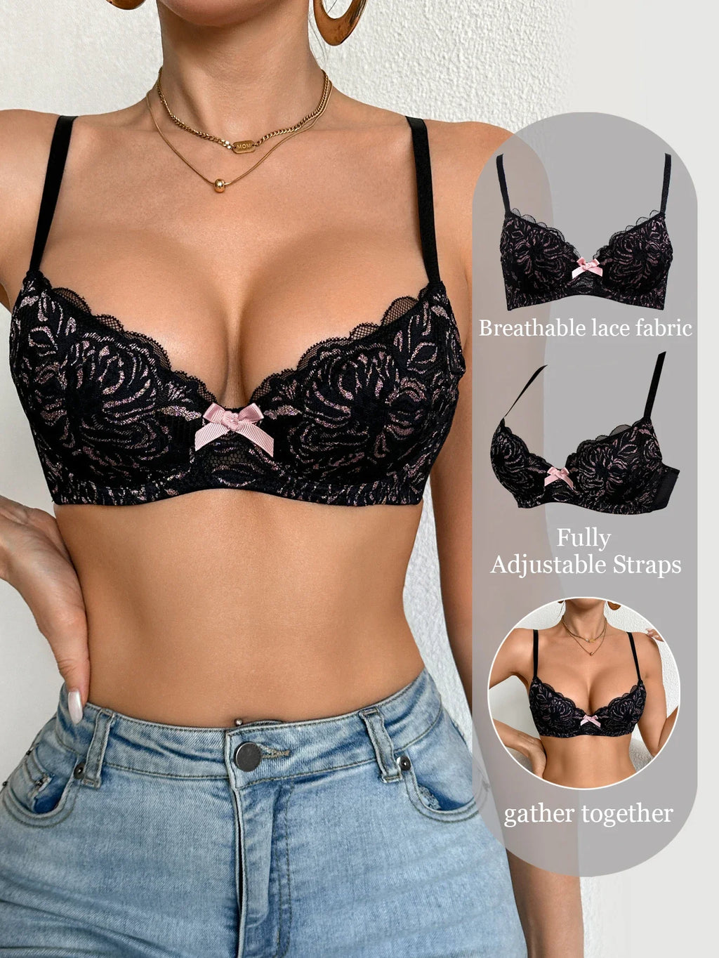 Floral Lace Push Up Women Bra Sexy Deep V Breathable Mesh Everyday Lingerie Thin Cup Adjustable Straps Underwire Bra