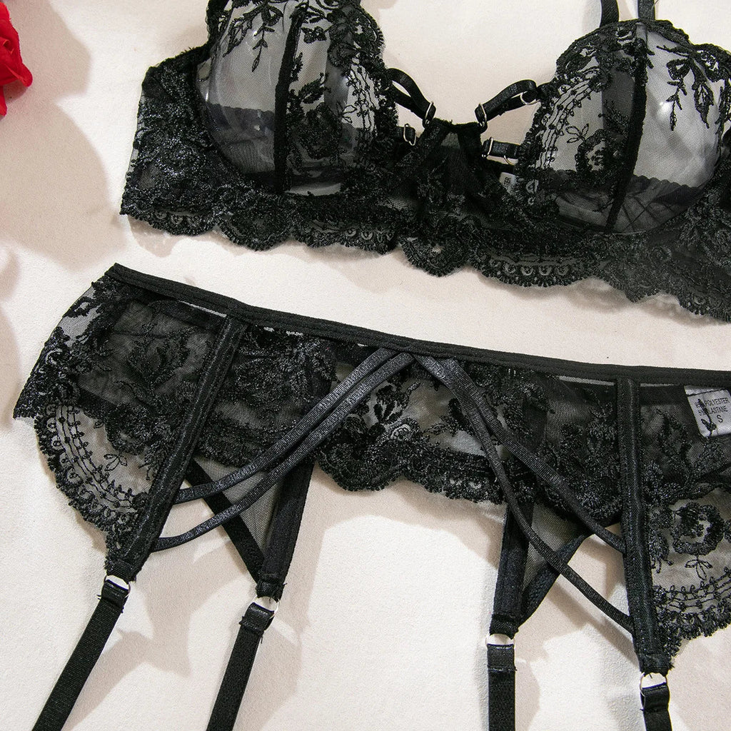 Embroidery Lingerie 3Pcs Sets Ultrathin Mesh Patchwork See Through Bras And Thongs Garter Suits Erotic Intimate Sexy Underwear
