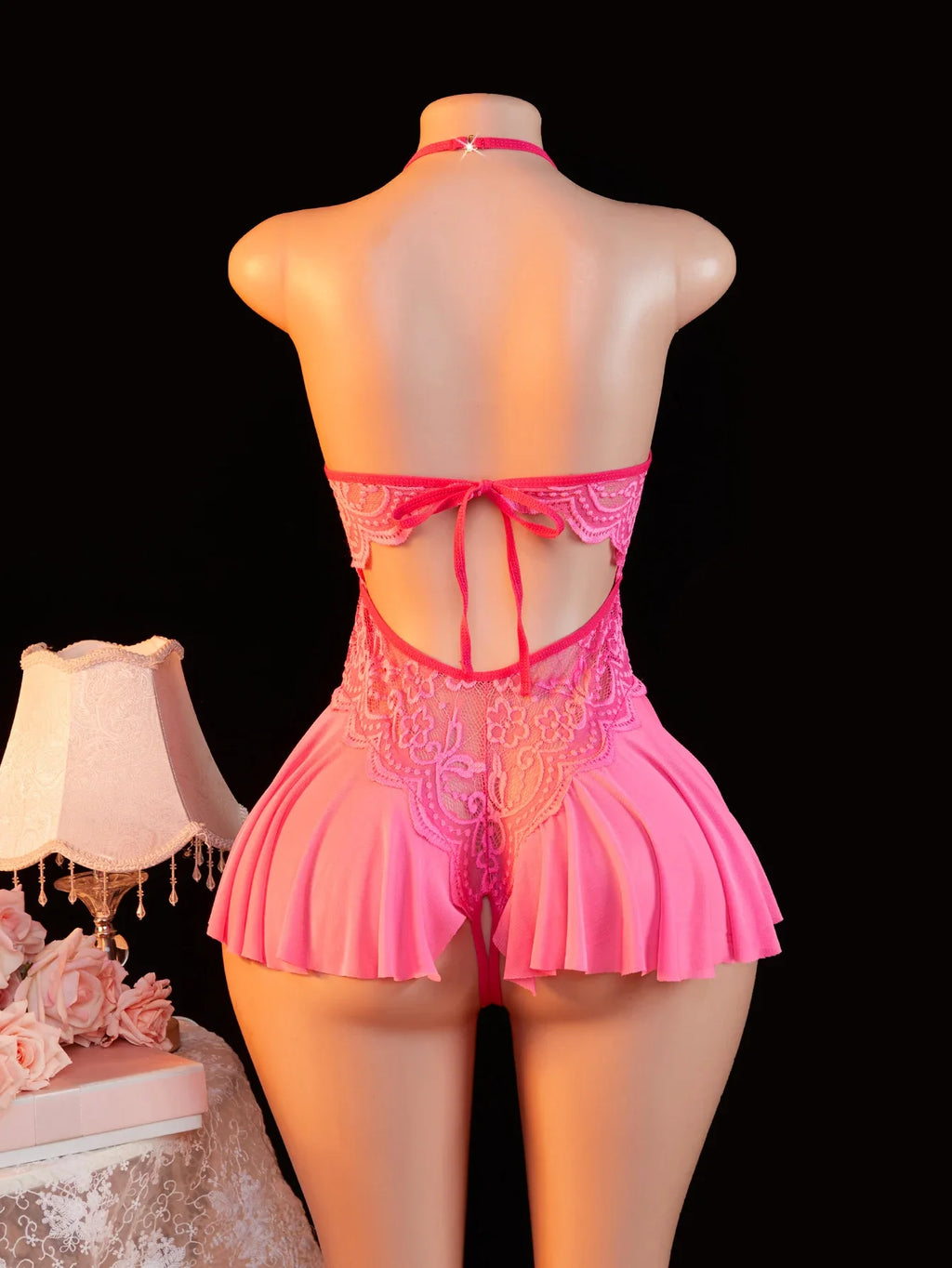 Adult Erotic Bodysuit Lace Hanging Collar Deep V-neck Semi Transparent Women Sexy Lingerie Crotchless Hot Underwear