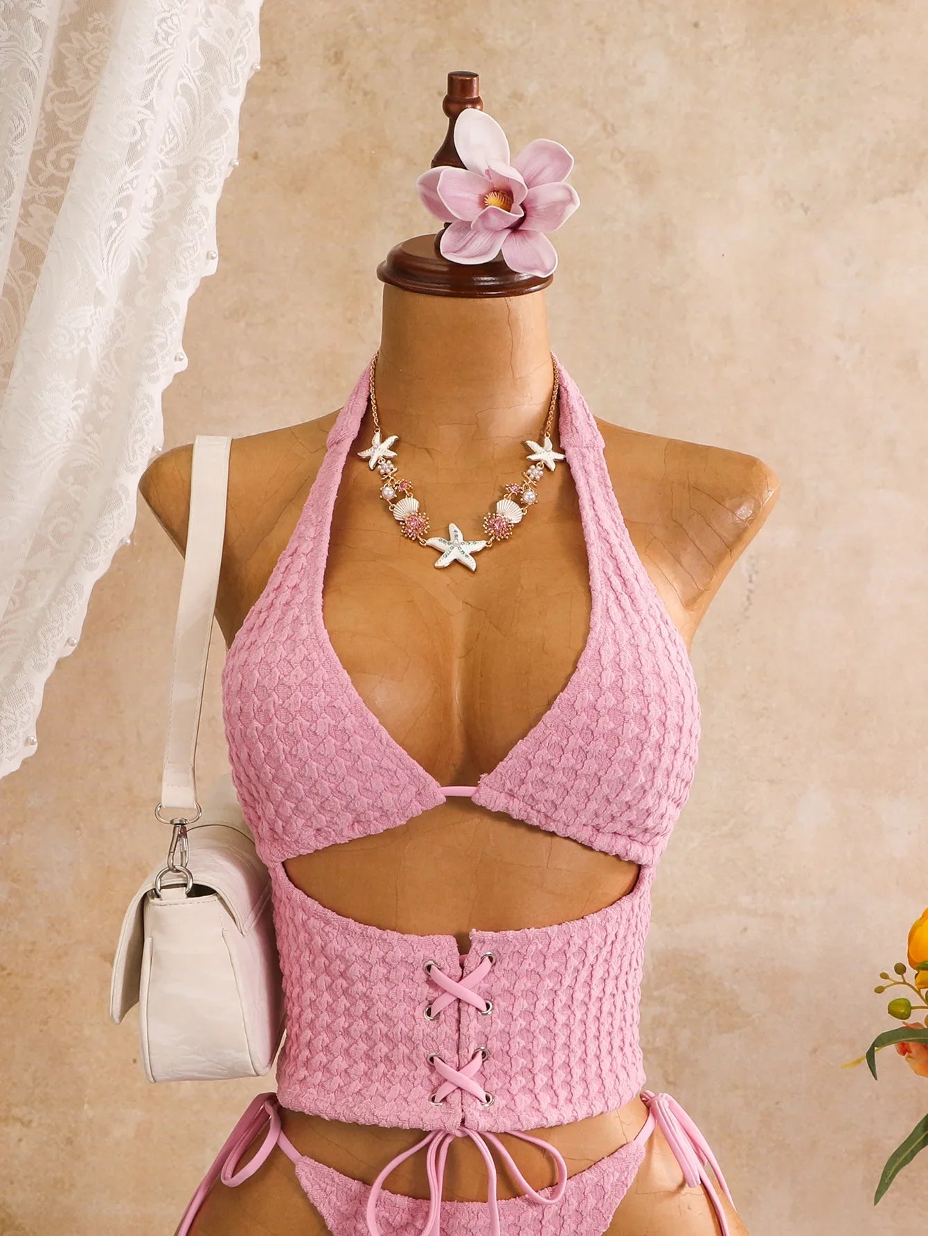 Sexy Pink Plaid Print Bikini Set 2026 Women Bandage Cross Fishbone Top 3 Piece Swimsuit Summer Bathing Suit Holiday Swimwear