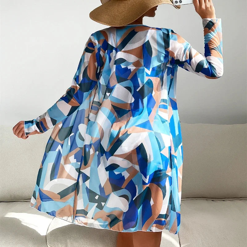 New Women's 3 Pieces Swimsuit Allover Print Tankini+Long Gauze Coat Cover-Up Swimwear High Waist Shorts Bathing Suit Beachwear