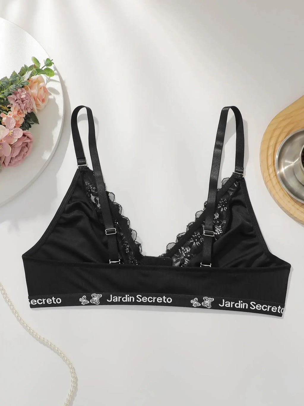 Large size underwire lingerie with sexy letter band design plus size braissere women's lace underwear black bra MR3474