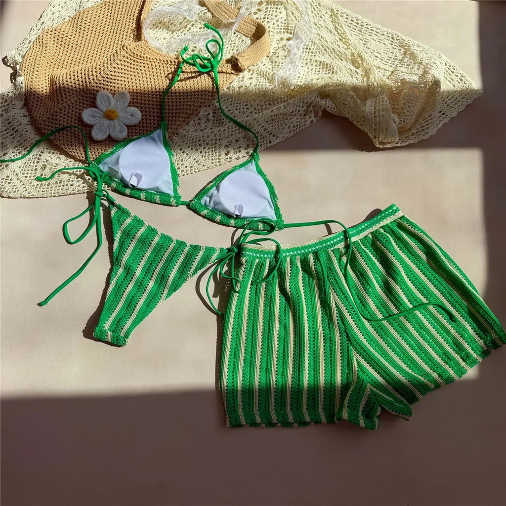 With Shorts Striped Halter Bikini Female Swimsuit Women Swimwear Three-Pieces Bikini Set Padded Bather Bathing Suit Swim V7159
