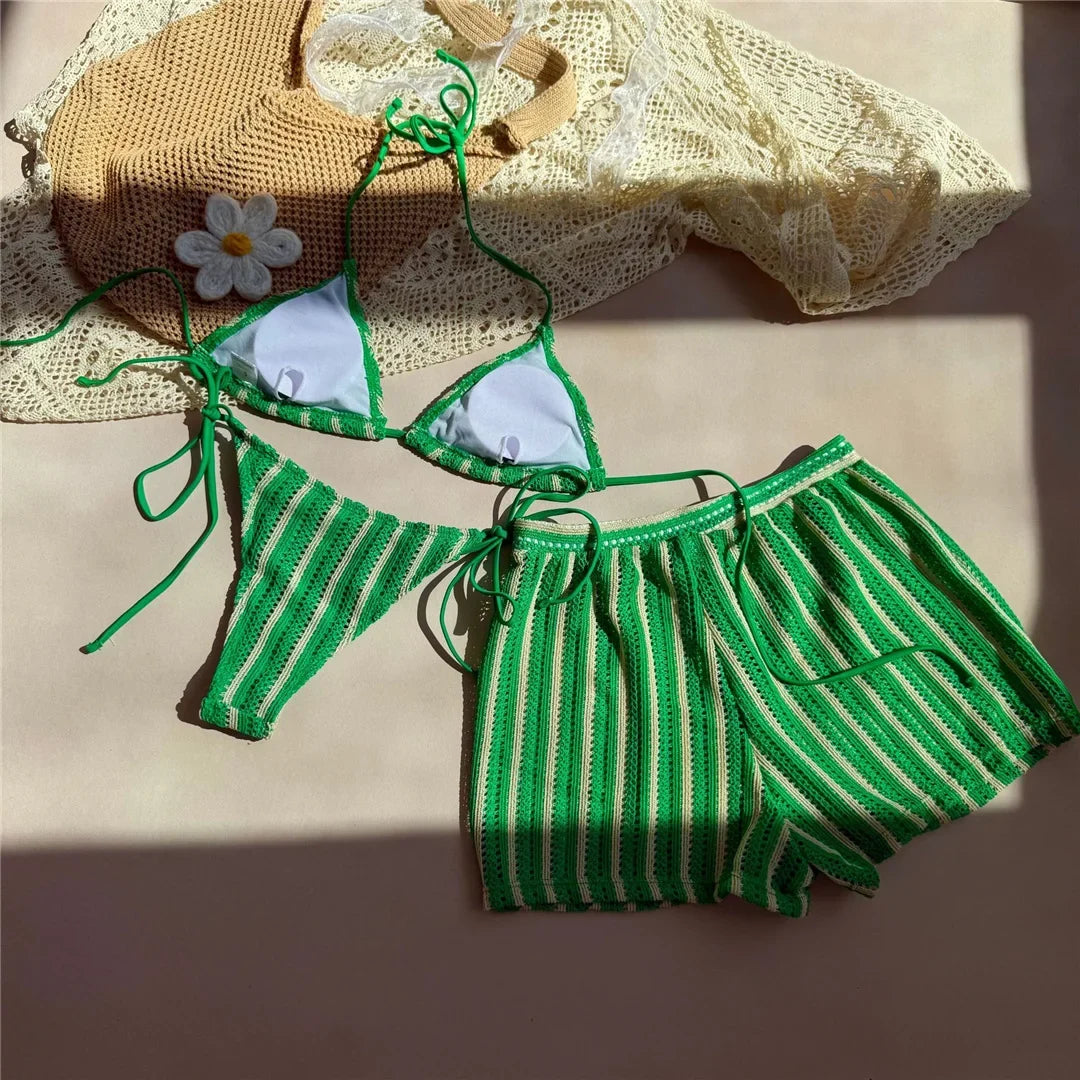 With Shorts Striped Halter Bikini Female Swimsuit Women Swimwear Three-Pieces Bikini Set Padded Bather Bathing Suit Swim V7159