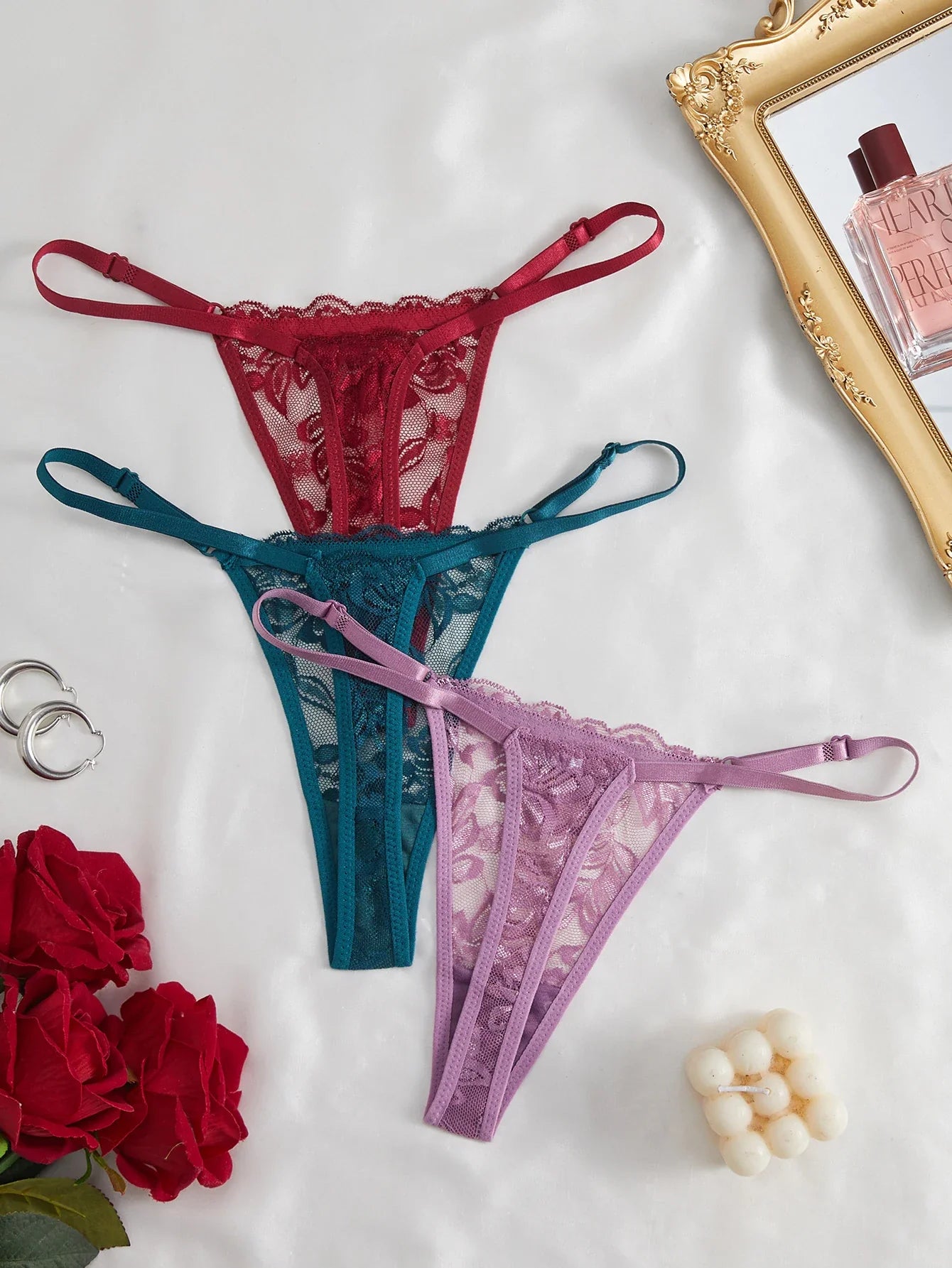 3Pcs/Set Women Sexy Floral Lace Thong Panties Low Waist Hollow Lace Sexy Lingerie Adjustable Thin Strap Underwear