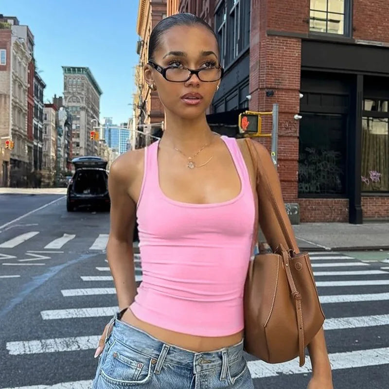 Women's Fashion Solid Tank Tops 2026 Streetwear Sleeveless T-shirt Female Square Collar Skinny Corset Y2K Girls Gray Crop Top