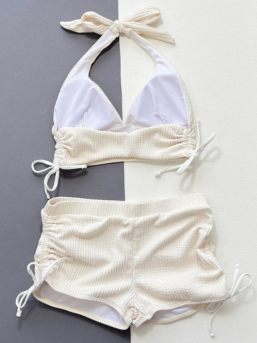 Halter V Neck Shorts Bikinis Female Swimsuit High Waist Bikini Women Swimwear Two-pieces Bikini Set Ribbed Bathing Suit Swim