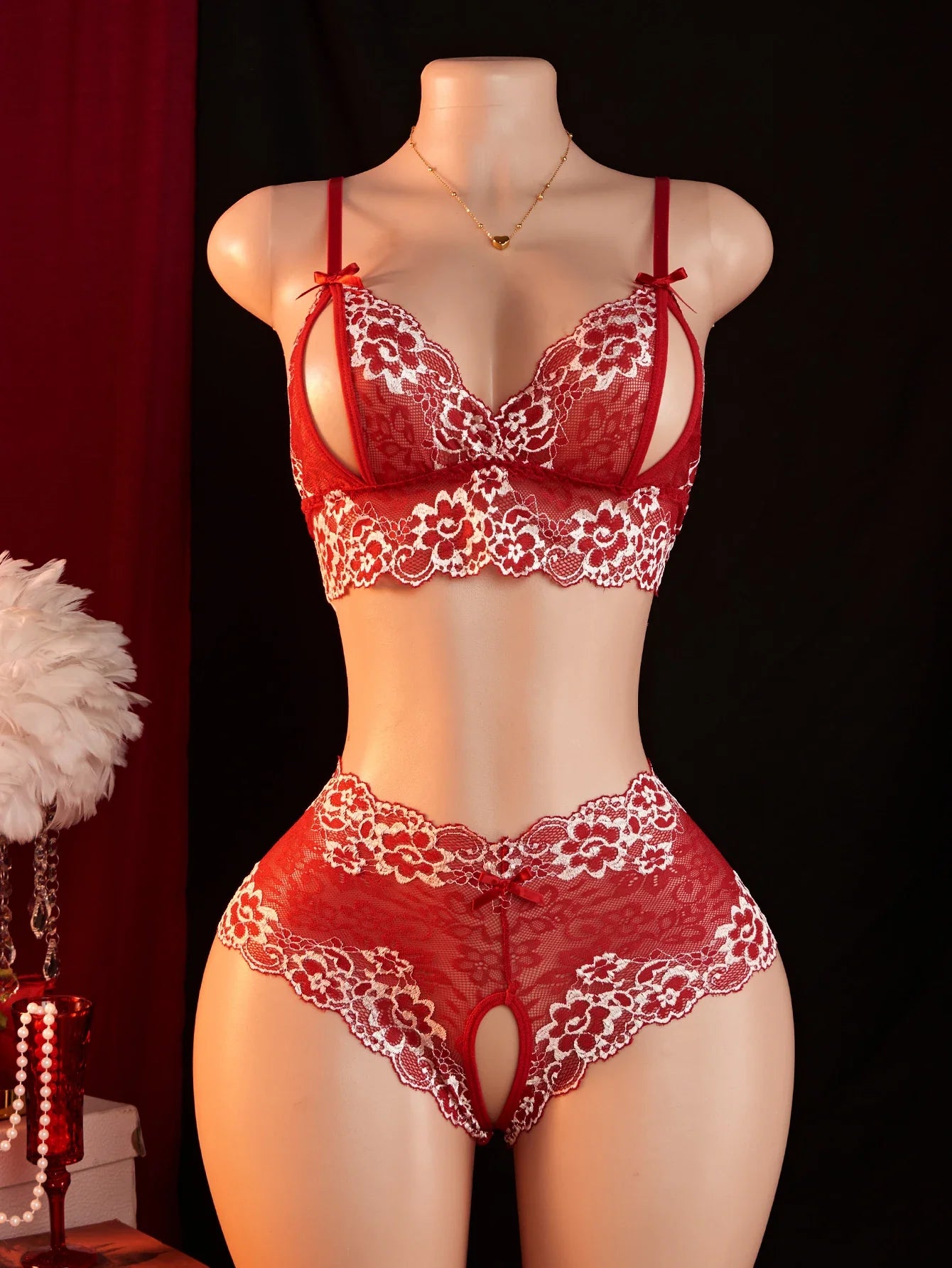 Contrast Color Lace Sexy Lingerie, Semi Transparent Open Chest Bra & Crotchless Pantt Sets, Perfect For Romantic Scenes Outfits