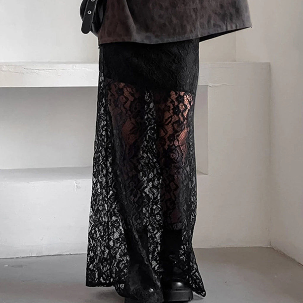 Women's Summer Lace Long Skirts Elegant Low Waist Solid Color See-Through Midi Skirts Slim Fit Skirts